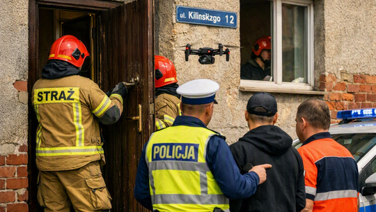 81-latek nie otwierał drzwi. Strażacy użyli drona, a potem siłowo weszli do mieszkania