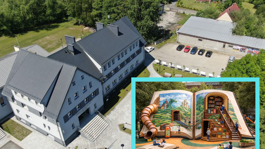 Projekt placu zabaw w kształcie otwartej książki przy Centrum Kultury i Czytelnictwa w gminie Walce