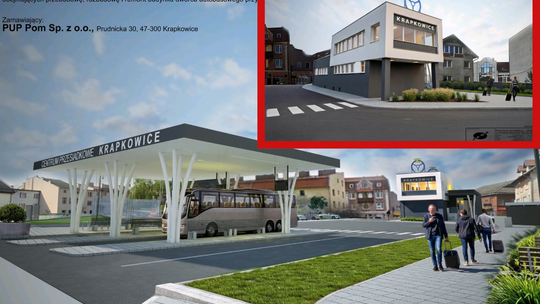 Wizualizacja nowego centrum przesiadkowego i przebudowanego dworca autobusowego w Krapkowicach z peronami i strefą parkingową