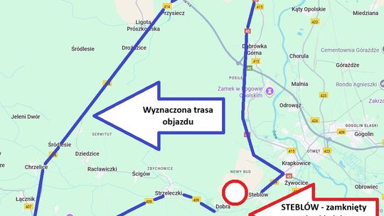 Na zdjęciu mapa obajzdu Zamknięty przejazd kolejowy w Steblowie – objazd przez Prószków i Moszną, korki i utrudnienia w ruchu