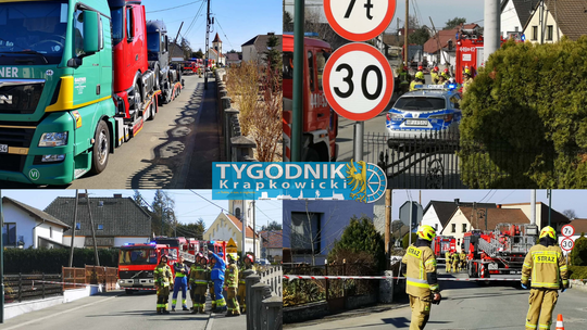 Ciężarówka na ulicy Kopernika w Malni po zahaczeniu o przewody i przechyleniu słupa telekomunikacyjnego