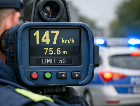 Policyjny miernik prędkości podczas kontroli drogowej w powiecie krapkowickim