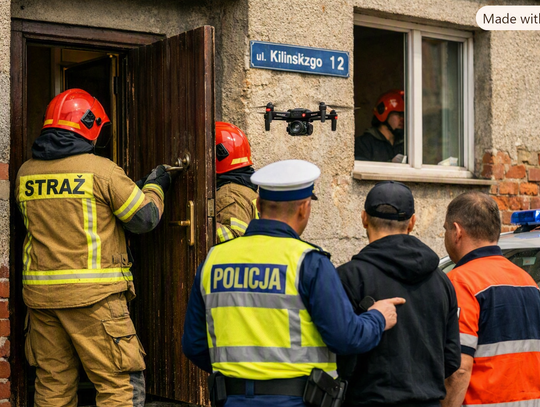 Strażacy i służby ratunkowe podczas interwencji przy ulicy Kilińskiego w Krapkowicach, gdzie otwarto mieszkanie 81-letniego mężczyzny.