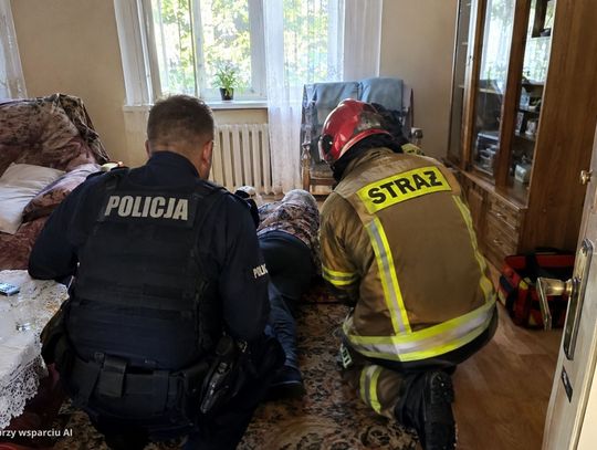 Strażacy podczas interwencji w Zdzieszowicach po zgłoszeniu o 83-letniej kobiecie, która upadła w mieszkaniu i nie mogła wstać.