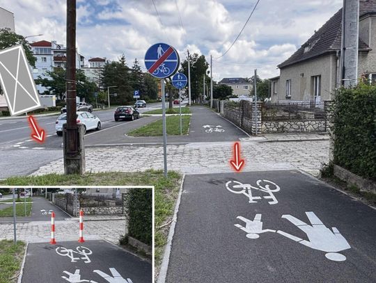 Skrzyżowanie ulic Dzierżonia i Prudnickiej w Krapkowicach — pas parkingowy, ścieżka rowerowa i ograniczona widoczność