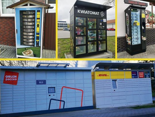 Rząd automatów paczkowych różnych firm ustawionych przy ulicy w Krapkowicach