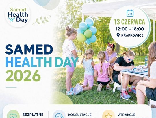 Plakat wydarzenia Samed Health Day 2026 w Krapkowicach informujący o bezpłatnych badaniach profilaktycznych, konsultacjach lekarskich i zajęciach sportowych dla mieszkańców.