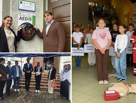 Defibrylator AED zamontowany na budynku PSP nr 1 w Zdzieszowicach, dostępny dla mieszkańców przez całą dobę.