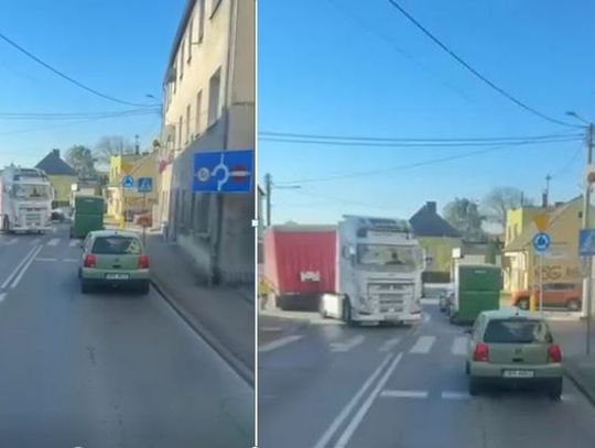 na zdjęciu Ciężarówka bez naczepy blokująca rondo w Krapkowicach w dzielnicy Otmęt, widoczne korki i utrudnienia w ruchu