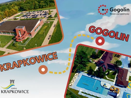 Autobus obsługujący wakacyjną linię między Krapkowicami a Gogolinem na tle lokalnych obiektów rekreacyjnych.