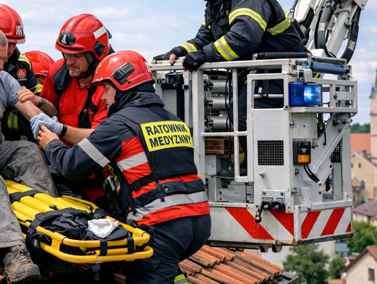 Dramatyczna akcja ratunkowa w Gogolinie. Dostał drgawek na dachu, świadkowie uratowali go przed upadkiem Strażacy PSP i OSP podczas akcji ratunkowej w Gogolinie sprowadzają 37-letniego mężczyznę z dachu budynku po nagłym ataku drgawek.
