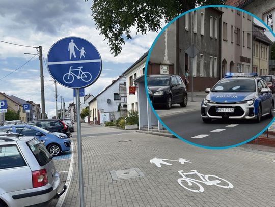 „Nowe oznakowanie drogi pieszo‑rowerowej na ul. Opolskiej w Krapkowicach — widoczne znaki pionowe i poziome.”