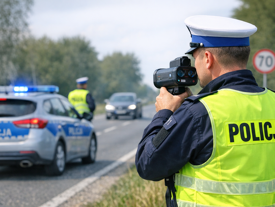 Policyjny patrol mierzący prędkość na drodze w powiecie krapkowickim