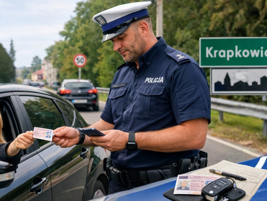 Gaz do dechy i po prawie jazdy. Seria drogowych zatrzymań w powiecie krapkowickim Policyjny radiowóz podczas kontroli prędkości na drodze w powiecie krapkowickim po zatrzymaniu kierowcy za nadmierną prędkość.