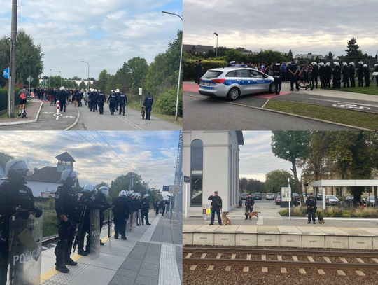 Policjanci zabezpieczają mecz MKS Gogolin z TS Chemik Kędzierzyn-Koźle na stadionie przy ul. Kasztanowej