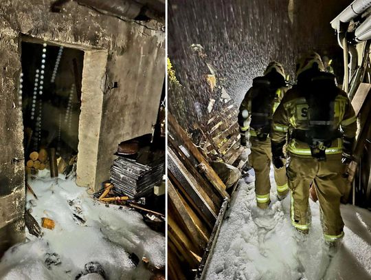 Strażacy z Rogowa Opolskiego gaszą pożar drewnianej szopy przy domu na ul. Młyńskiej