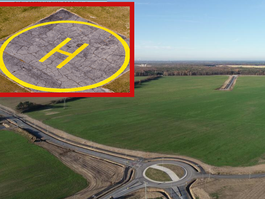 Helikopter biznesowy nad terenem nowej strefy przemysłowej w Gogolinie – wizualizacja planowanego lądowiska dla inwestorów