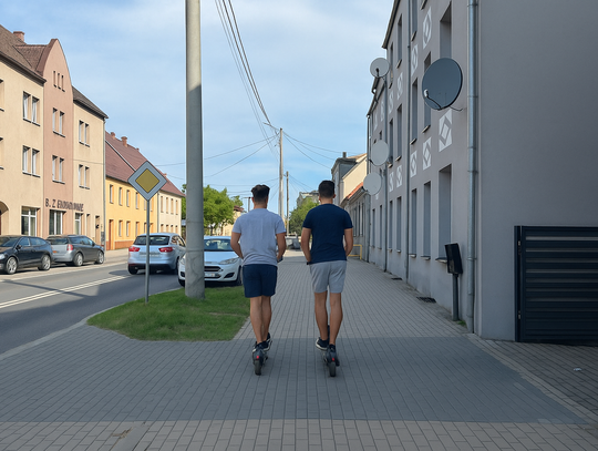 Użytkownik hulajnogi elektrycznej jedzie z dużą prędkością po chodniku w centrum