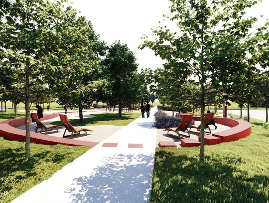 Planowany park kieszonkowy na skwerze przy ul. Nowej w Gogolinie, z łąką kwietną, ogrodem deszczowym i strefą wypoczynku.