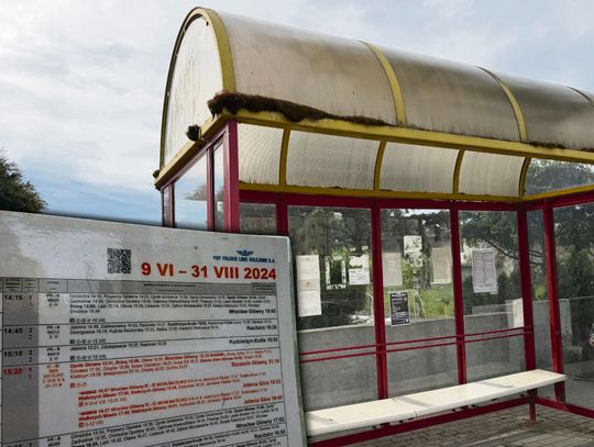 Przystanek autobusowy na osiedlu 1000-lecia w Krapkowicach z wieloma rozkładami jazdy różnych przewoźników
