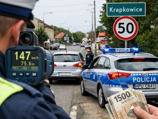 Policyjny pomiar prędkości na drodze w Krapkowicach