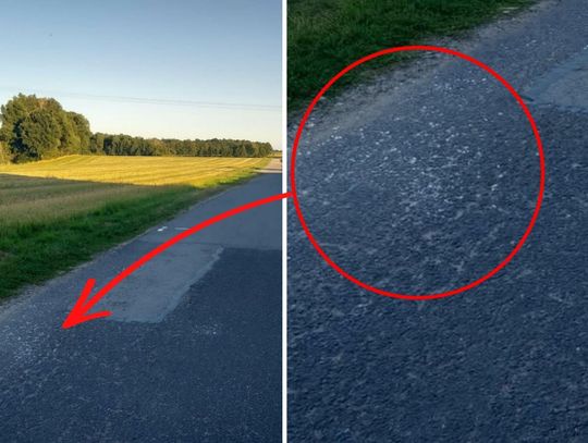 Potłuczone szkło rozsypane na zakręcie drogi między Komornikami a Steblowem w Nowym Młynie, stwarzające zagrożenie dla kierowców i rowerzystów.