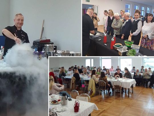 Medalista olimpiad kulinarnych Łukasz Szewczyk prowadzi pokaz kuchni molekularnej dla pań z Rozwadzy z okazji Dnia Kobiet.