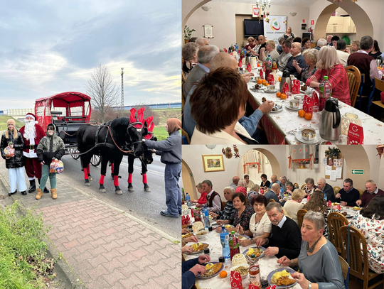 Mikołaj na saniach, kolędy i opłatek. W Strzebniowie święta zaczęły się wcześniej na zdjęciu Święty Mikołaj odwiedzający dzieci w Strzebniowie podczas przedświątecznych spotkań mieszkańców.png