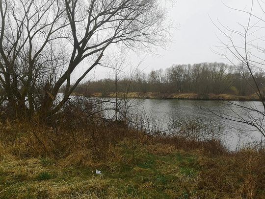 Rzeka Odra w Krapkowicach z widocznymi wałami przeciwpowodziowymi i infrastrukturą hydrotechniczną.