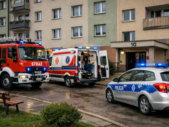 Radiowóz i strażacy przed blokiem przy ul. Nowej w Zdzieszowicach podczas interwencji.