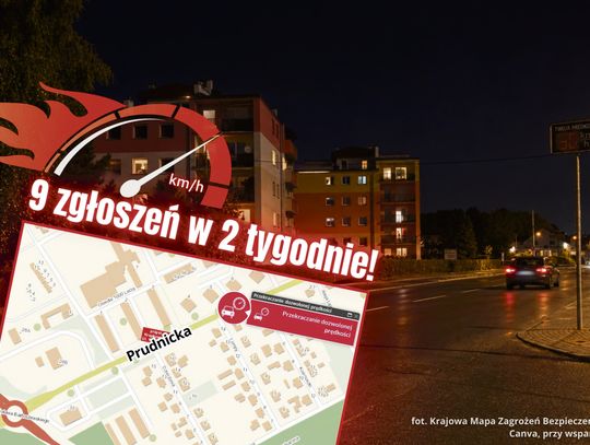 Nocny ruch samochodów na ul. Prudnickiej w Krapkowicach, gdzie mieszkańcy zgłaszają nadmierną prędkość i hałas pojazdów.