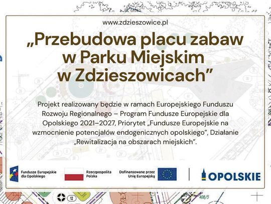 Wizualizacja modernizacji Parku Miejskiego w Zdzieszowicach z nowymi strefami rekreacji i placem zabaw.