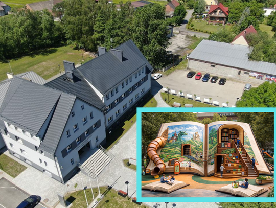Projekt placu zabaw w kształcie otwartej książki przy Centrum Kultury i Czytelnictwa w gminie Walce