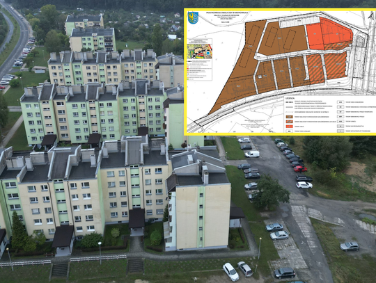 Osiedle Sady w Krapkowicach z blokami mieszkalnymi i terenami przeznaczonymi pod nową zabudowę, objęte miejscowym planem zagospodarowania przestrzennego.