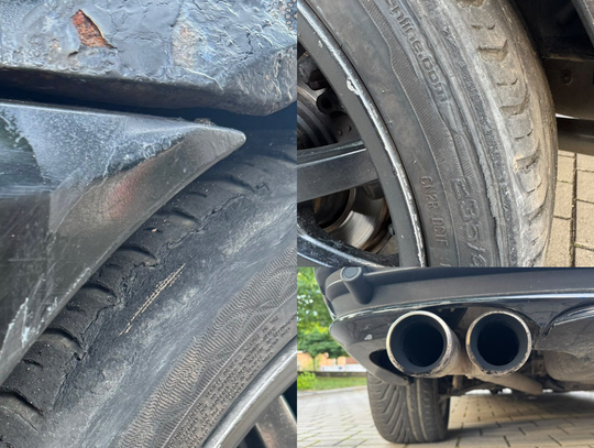 BMW zatrzymane przez policjantów w Gogolinie z oponami, z których wystawały metalowe druty