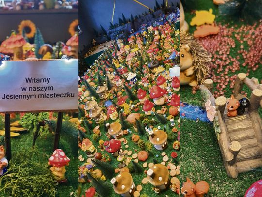Jesienna makieta Krzysztofa Janiszewskiego w Górażdżach z miniaturowymi domkami, leśnymi zwierzętami i bajkowymi scenami.