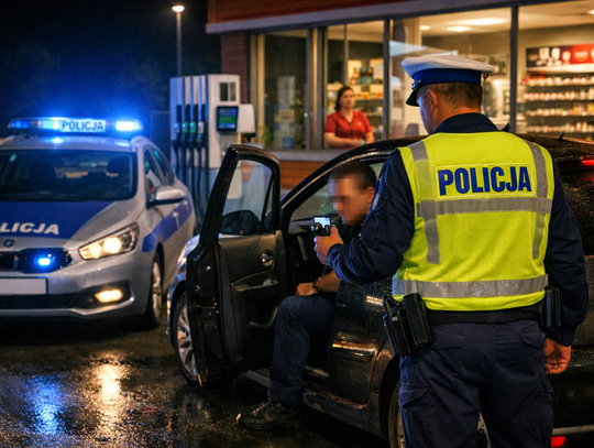 Policyjny alkomat podczas kontroli kierowcy zatrzymanego na stacji paliw w powiecie krapkowickim