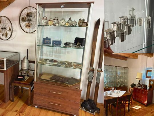 Ekspozycja w zabytkowym spichlerzu w Brożcu — porcelana, stare zegarki, atlas świata i prezentacja zbóż użytych do korony dożynkowej.