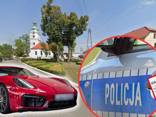 Policjant drogówki kontroluje prędkość pojazdów na drodze, radiowóz w tle