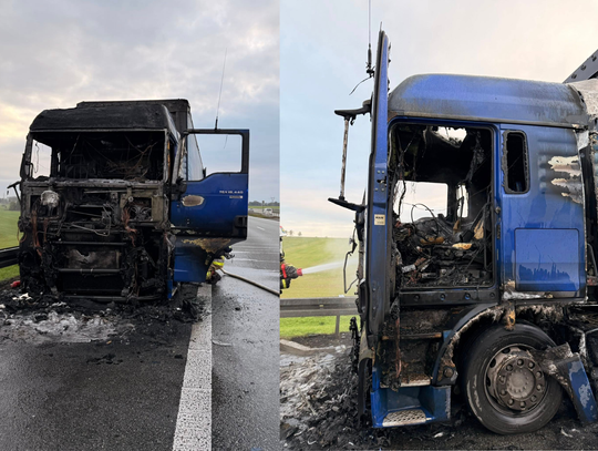 na zdjęciu Samochód ciężarowy pżarna autostradzie A4 koło Góry Świętej Anny – akcja strażaków