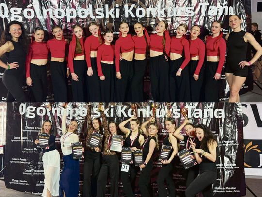 Duet młodych tancerek prezentujący choreografię modern na scenie konkursowej
