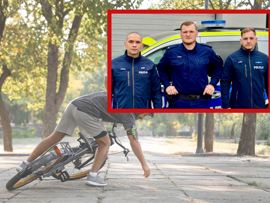 Policjanci udzielają pomocy rowerzyście po ataku epilepsji na ulicy w Krapkowicach