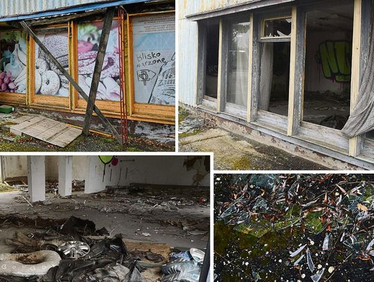 Opuszczony i niebezpieczny budynek dawnego sklepu w centrum Gwoździc – przegniłe stropy i brak ogrodzenia stwarzają zagrożenie dla mieszkańców