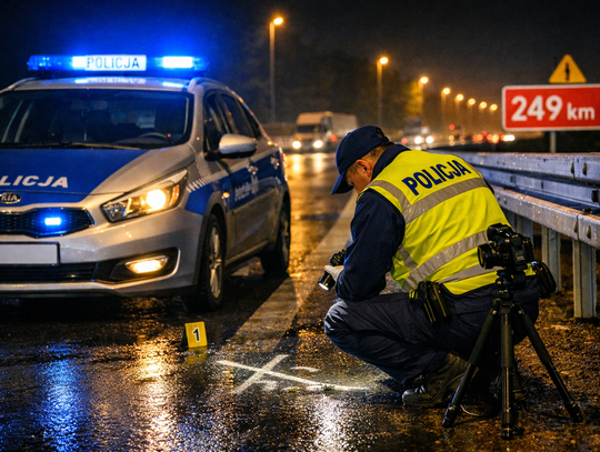 Służby na miejscu śmiertelnego wypadku na autostradzie A4. Policjanci zabezpieczają miejsce zdarzenia po potrąceniu pieszego przy zatrzymanym samochodzie.