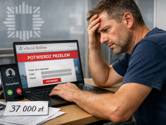 Ilustracja ostrzeżenia przed oszustwami internetowymi – fałszywy link i próba wyłudzenia danych bankowych podczas sprzedaży online.