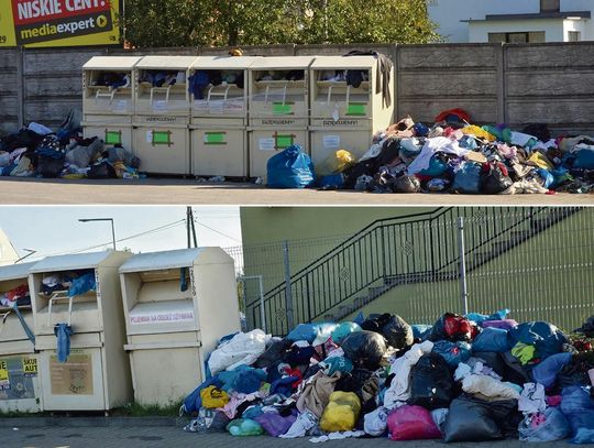 Sterty worków z odzieżą pozostawione obok przepełnionego kontenera PCK w Zdzieszowicach