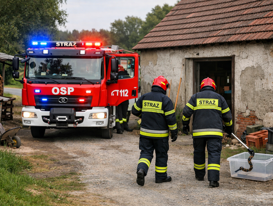Strażacy OSP Brożec odławiają żmiję z budynku gospodarczego podczas interwencji 26 czerwca
