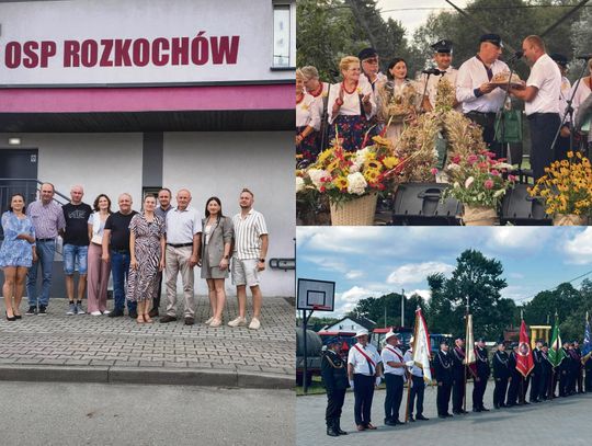 Delegacje OSP, KGW i DFK z dwóch Rozkochowów podczas wspólnego spotkania na dożynkach w Małopolsce.