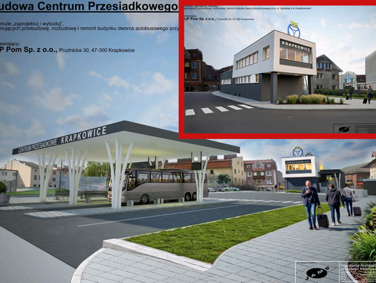Wizualizacja nowego centrum przesiadkowego i przebudowanego dworca autobusowego w Krapkowicach z peronami i strefą parkingową