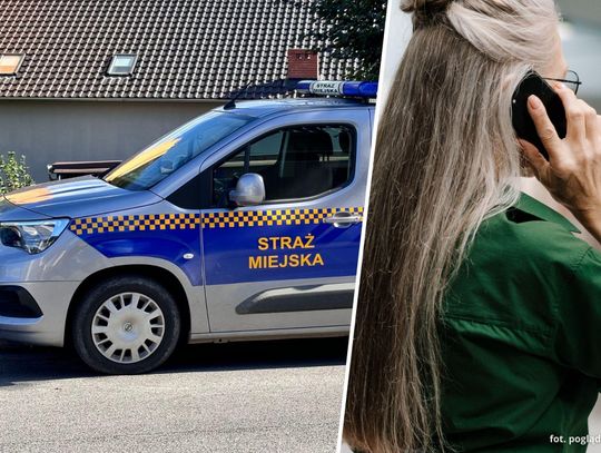 Strażnik miejski i zespół ratownictwa medycznego podczas interwencji przy ul. Wapiennej w Krapkowicach, gdzie pomocy udzielono samotnie mieszkającej seniorce.